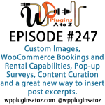 Finding the Gold Nuggets in It's Episode 247 and we've got plugins for Custom Images, WooCommerce Bookings and Rental Capabilities, Pop-up Surveys, Content Curation and a great new way to insert post excerpts. It's all coming up on WordPress Plugins A-Z!