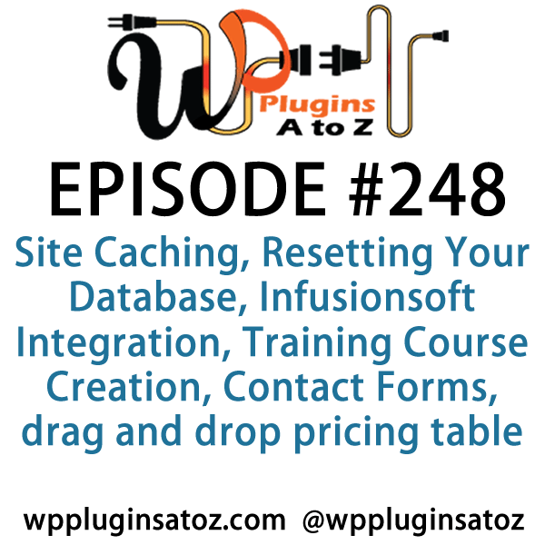 It's Episode 247 and we've got plugins for Site Caching, Resetting Your Database, Infusionsoft Integration, Training Course Creation, Contact Forms and a great new drag and drop pricing table plugin. It's all coming up on WordPress Plugins A-Z!