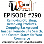  It's Episode 290 and we've got plugins for Removing Old Slugs, Removing Products, Cropping Background Images, Remote Site Search, and Custom States for Woo Commerce. It's all coming up on WordPress Plugins A-Z!
